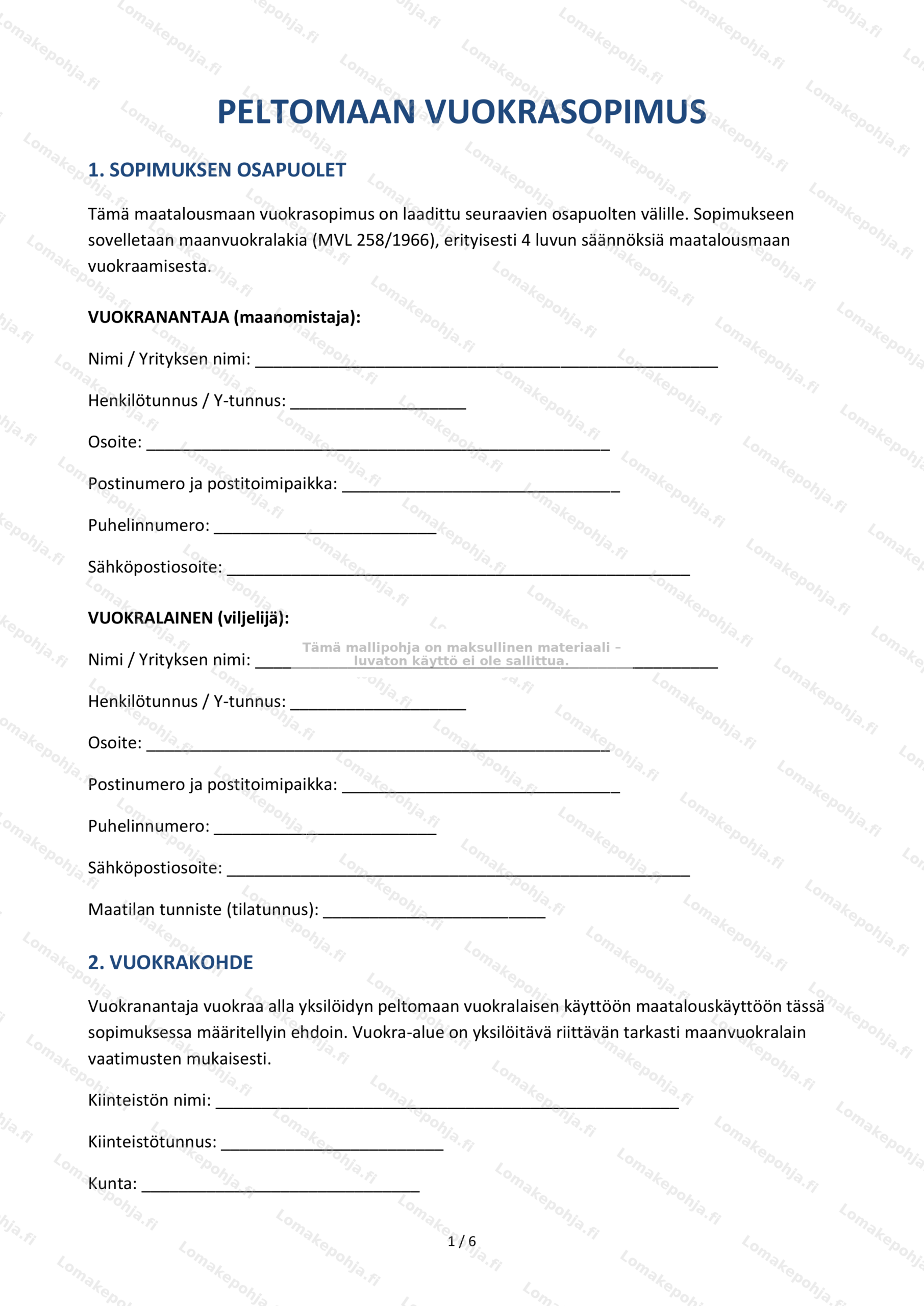 Peltomaan vuokrasopimus | Tulostettava mallipohja