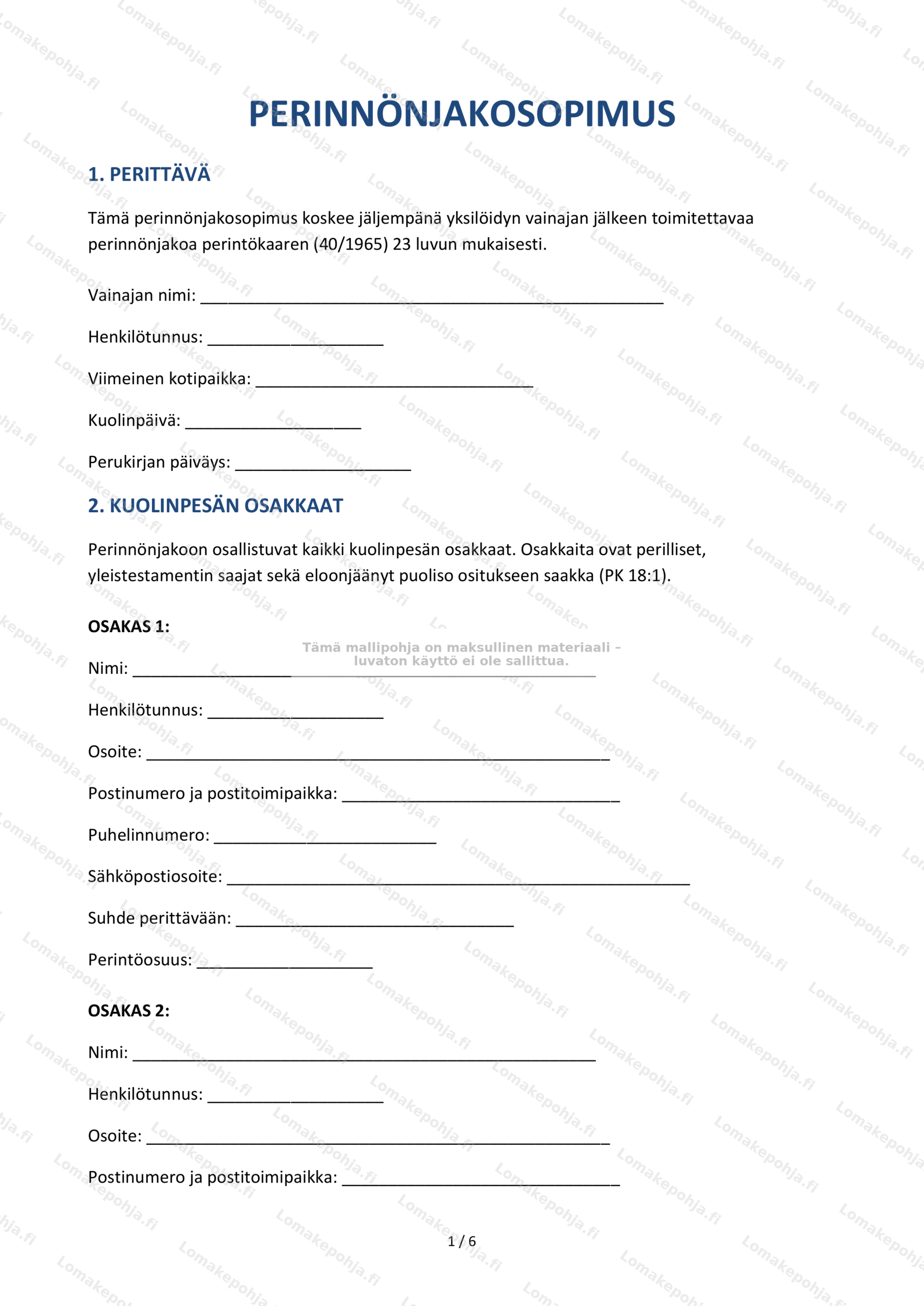 Perinnönjakosopimus — Mallipohja