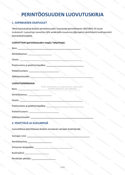 Perintöosuuden luovutuskirja - sivu 1, skaalattu kopio