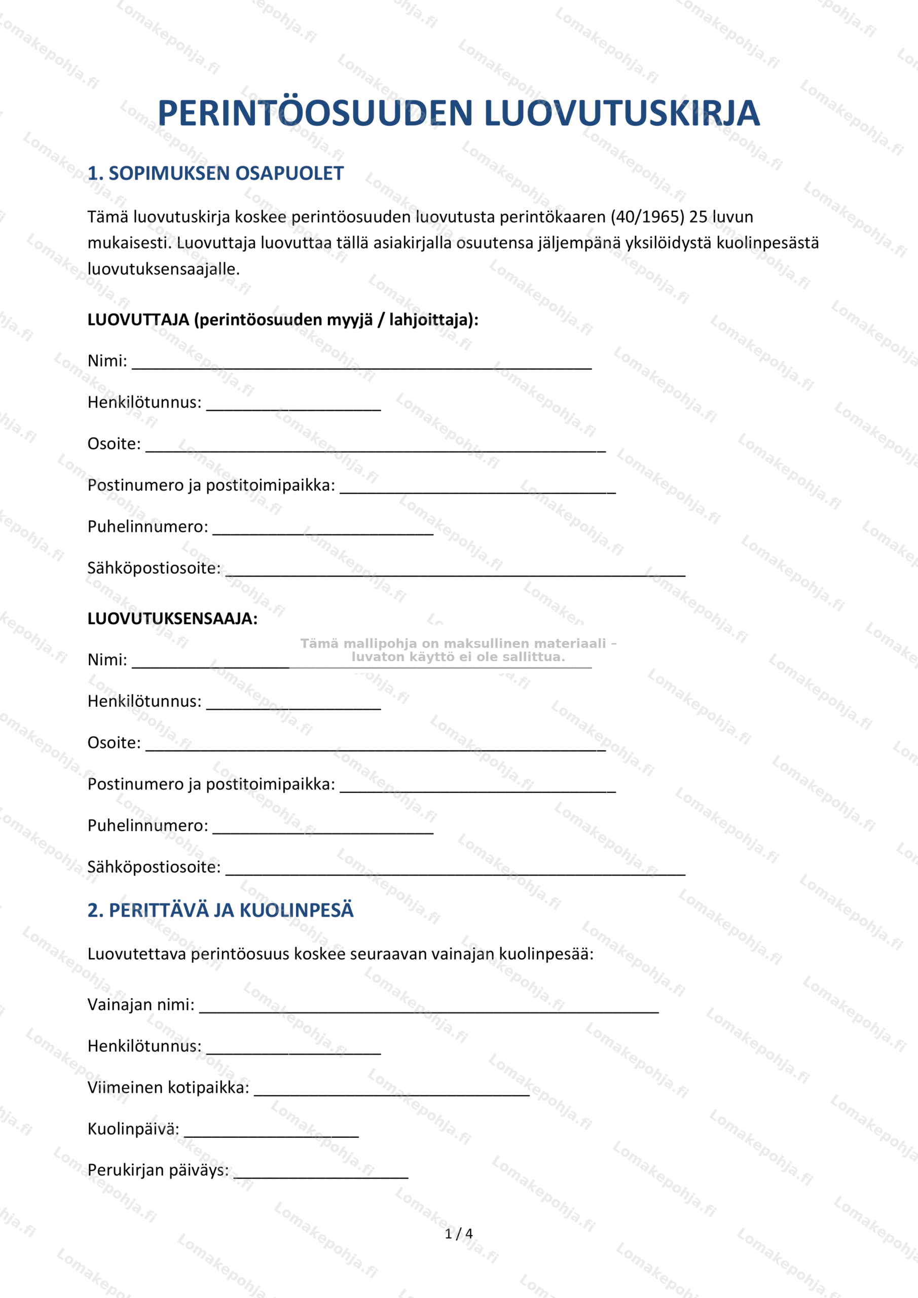 Perintöosuuden luovutuskirja | Lomakepohja