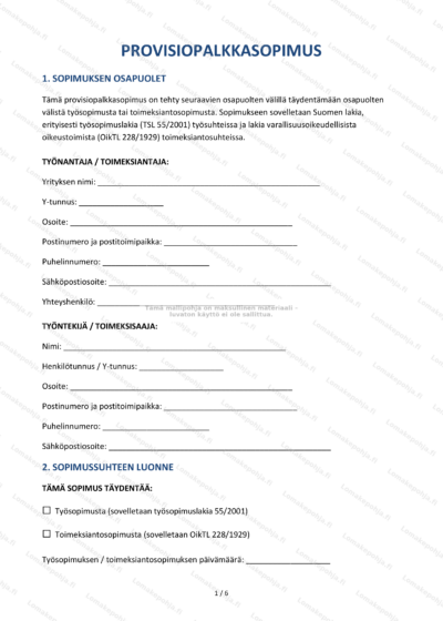 provisiopalkkasopimuksen ensimmäinen sivu – skannattu asiakirja, jossa näkyy sopimusteksti.