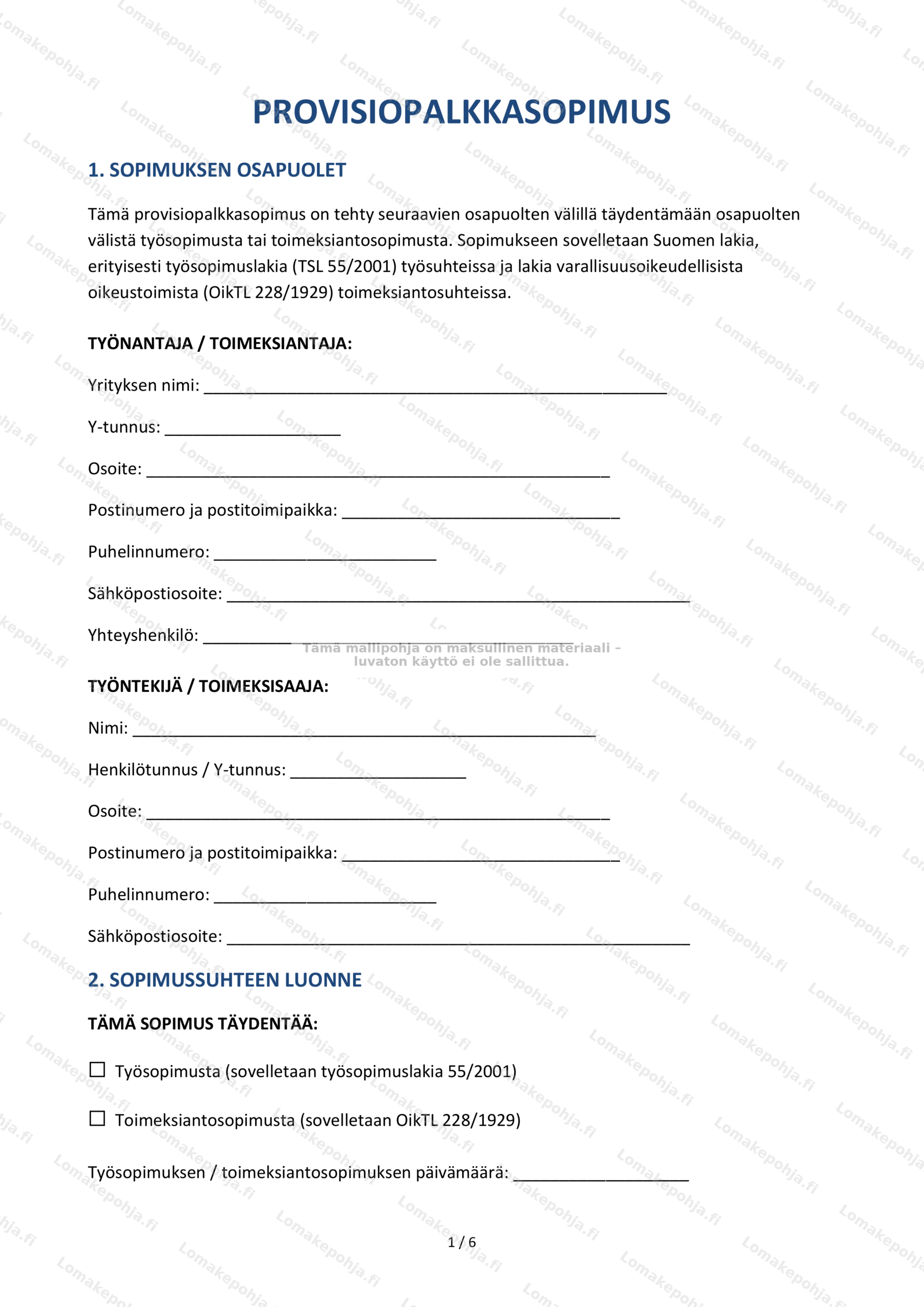 Provisiopalkkasopimus – Muokattava pohja