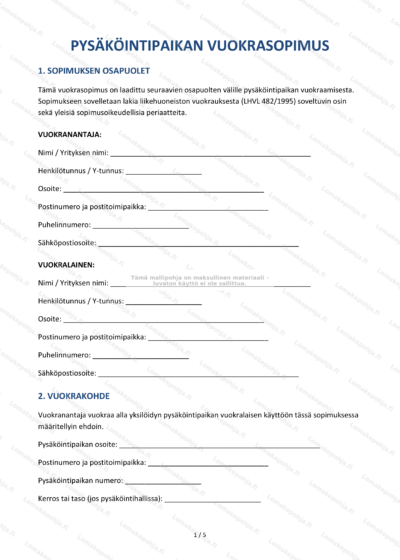 Pysäköintipaikan vuokrasopimuksen ensimmäinen sivu (skaalattu)