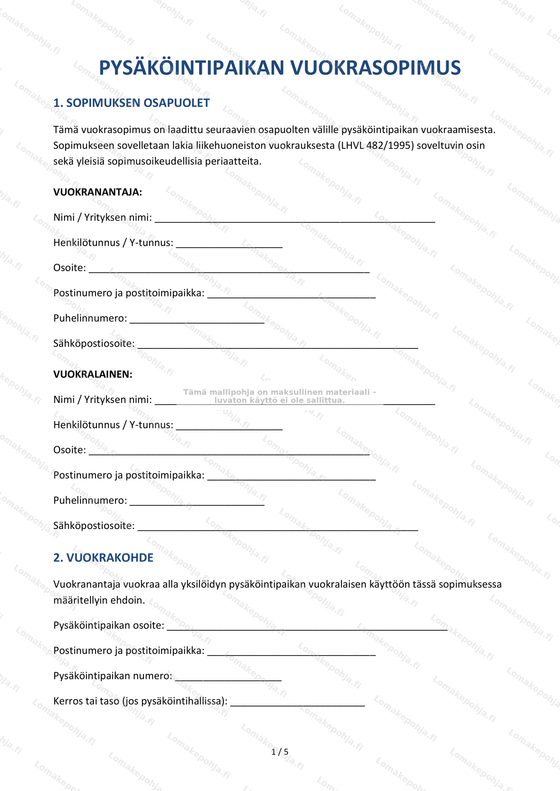 Pysakointipaikan vuokrasopimus | Sopimusmalli
