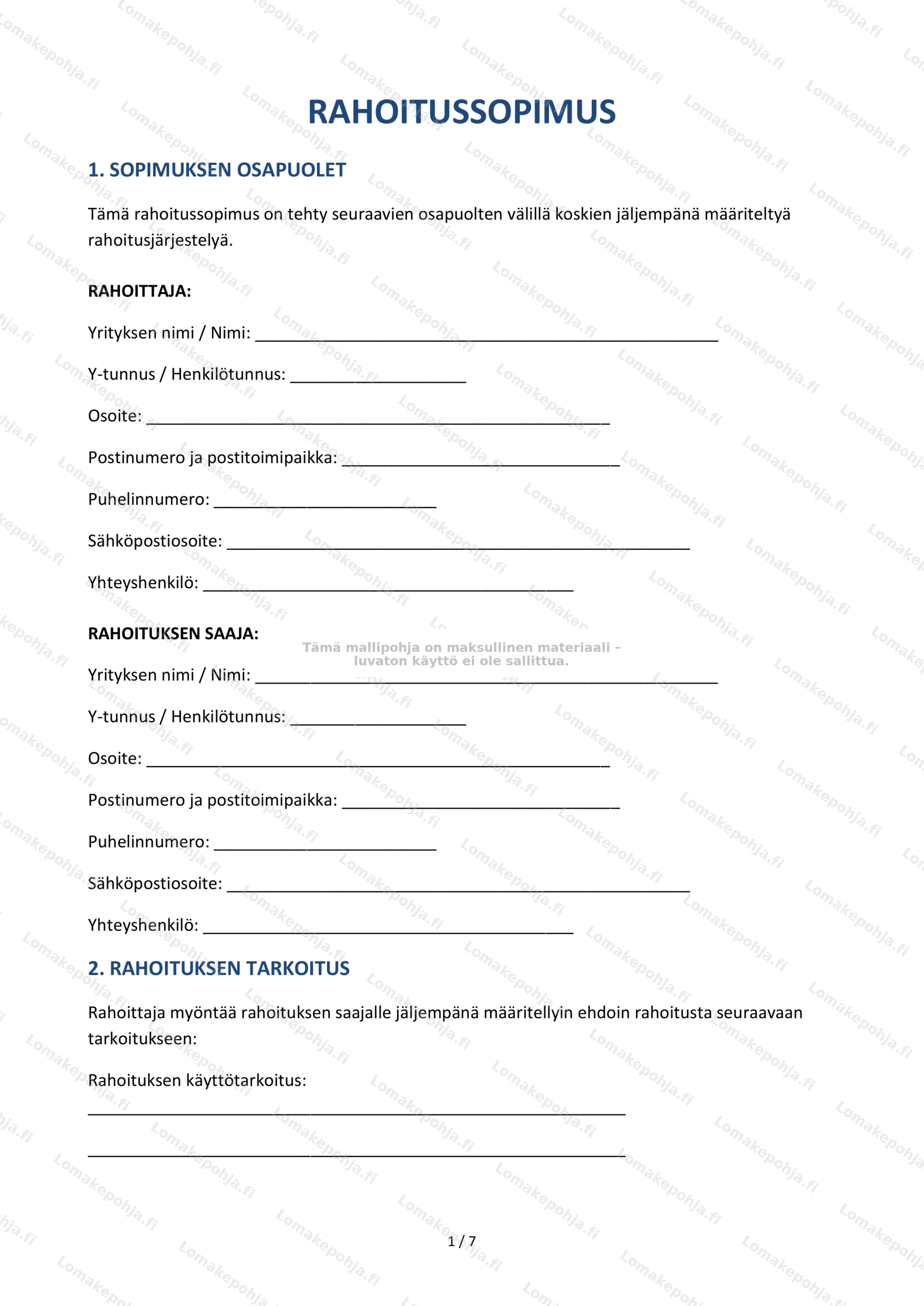 Rahoitussopimus – Lomakepohja | Ladattava