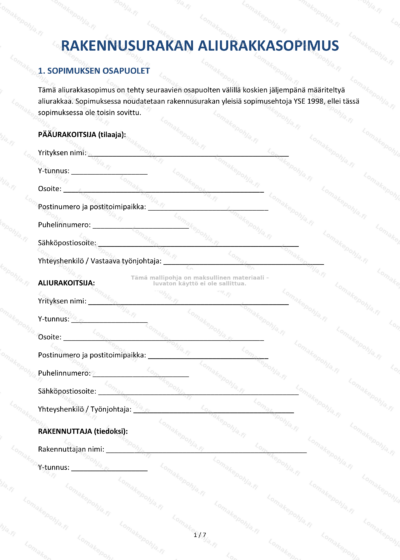 Rakennusurakan aliurakkasopimuksen ensimmäinen sivu skaalattu, näkyvissä sopimus- ja allekirjoitusosiot.