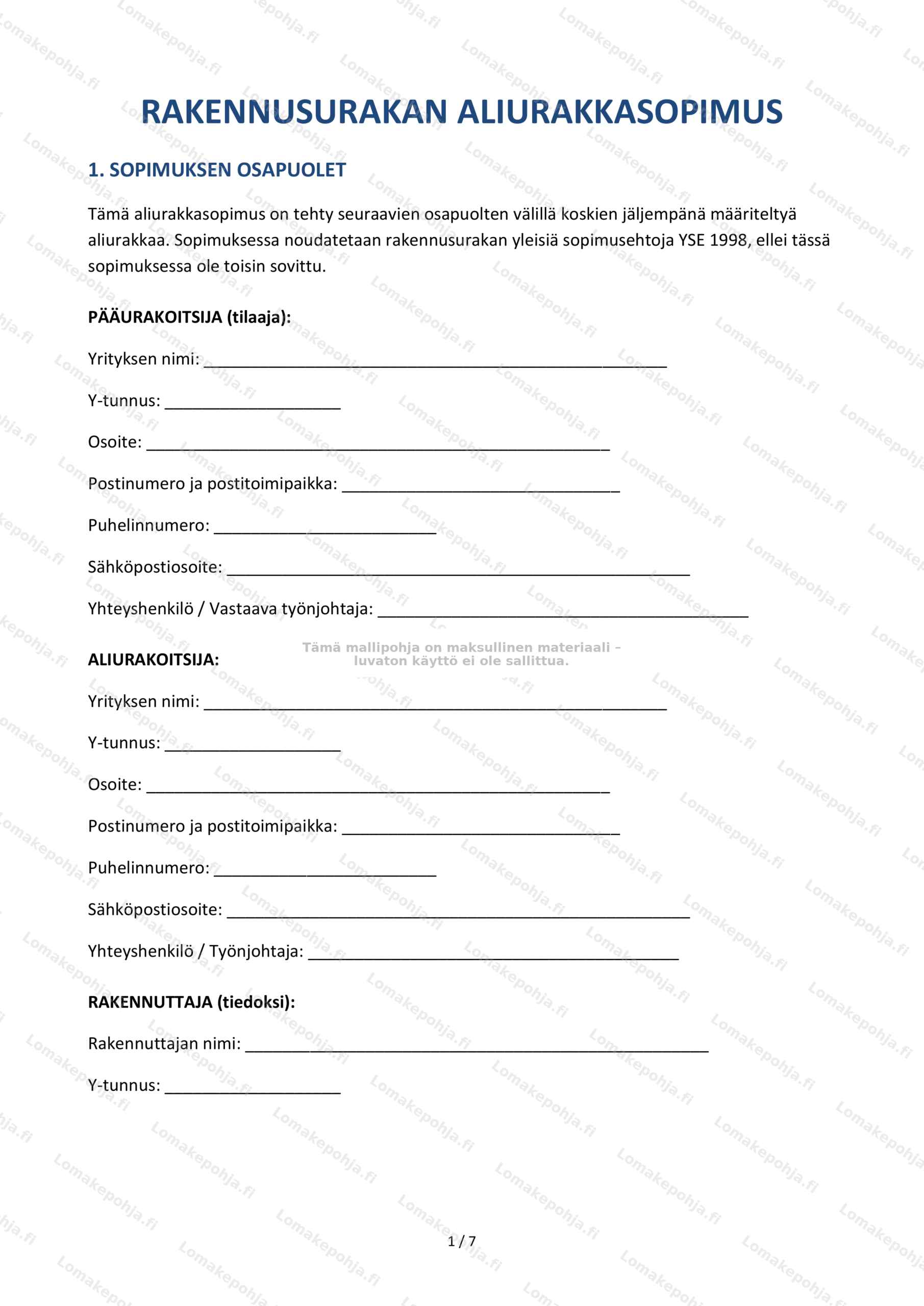 Rakennusurakan aliurakkasopimus | Lomakepohja