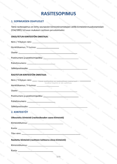 Rasitesopimus - sivu 1, ensimmäinen aukeama, sisältää otsikon ja sopimustekstin.
