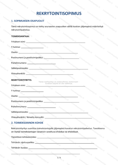 Rekrytointisopimuksen sivu 1 - muodollinen asiakirja, jossa on tekstiä ja allekirjoituspaikat.