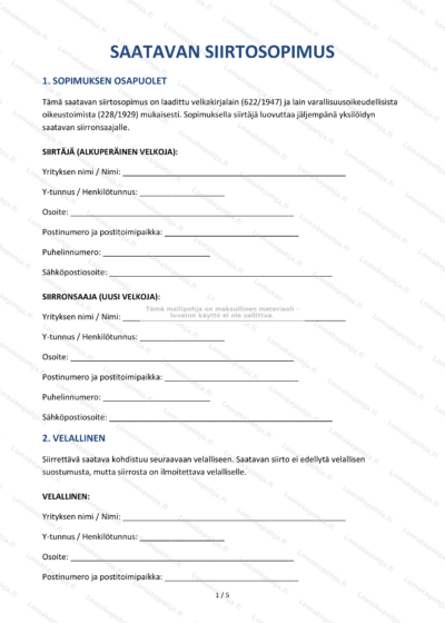 Ensimmäinen sivu saatavan siirtosopimuksesta, virallinen asiakirja.