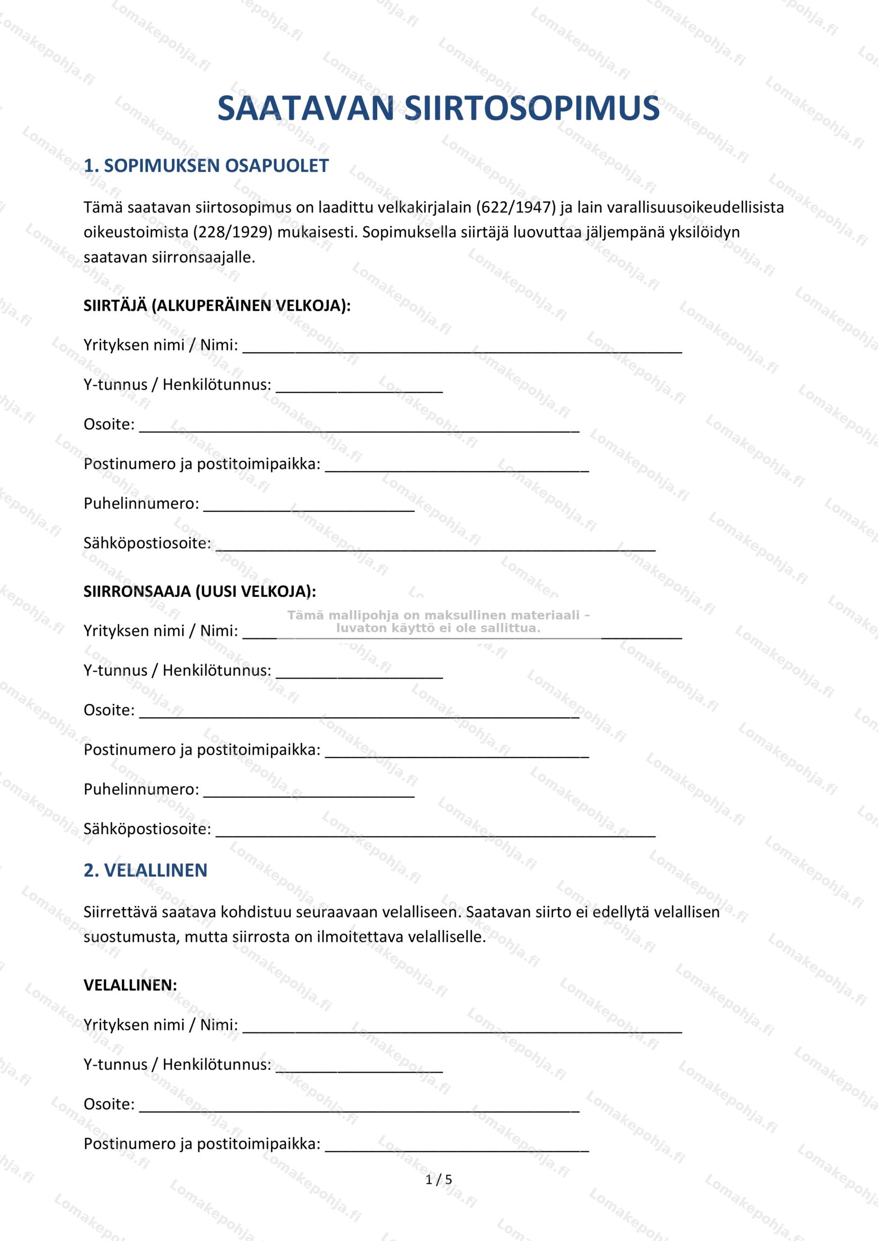 Saatavan siirtosopimus — Mallipohja