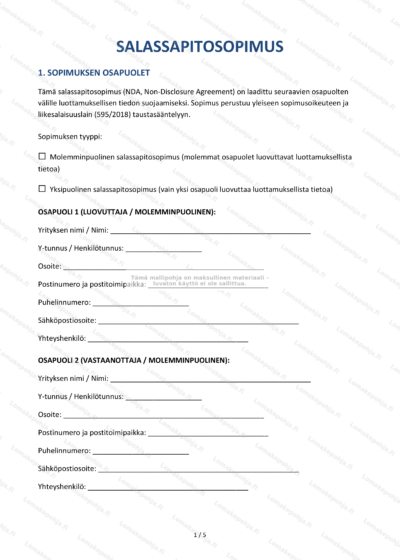 Salassapitosopimuksen ensimmäinen sivu, näkyvää tekstiä ja otsikoita asiakirjasta.