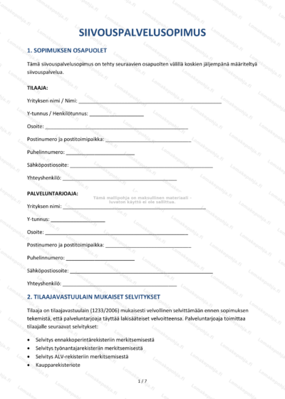 Siivouspalvelusopimuksen sivu 1 – skaalattu kuva sopimusdokumentista, jossa näkyy tekstiä ja allekirjoituskohta.