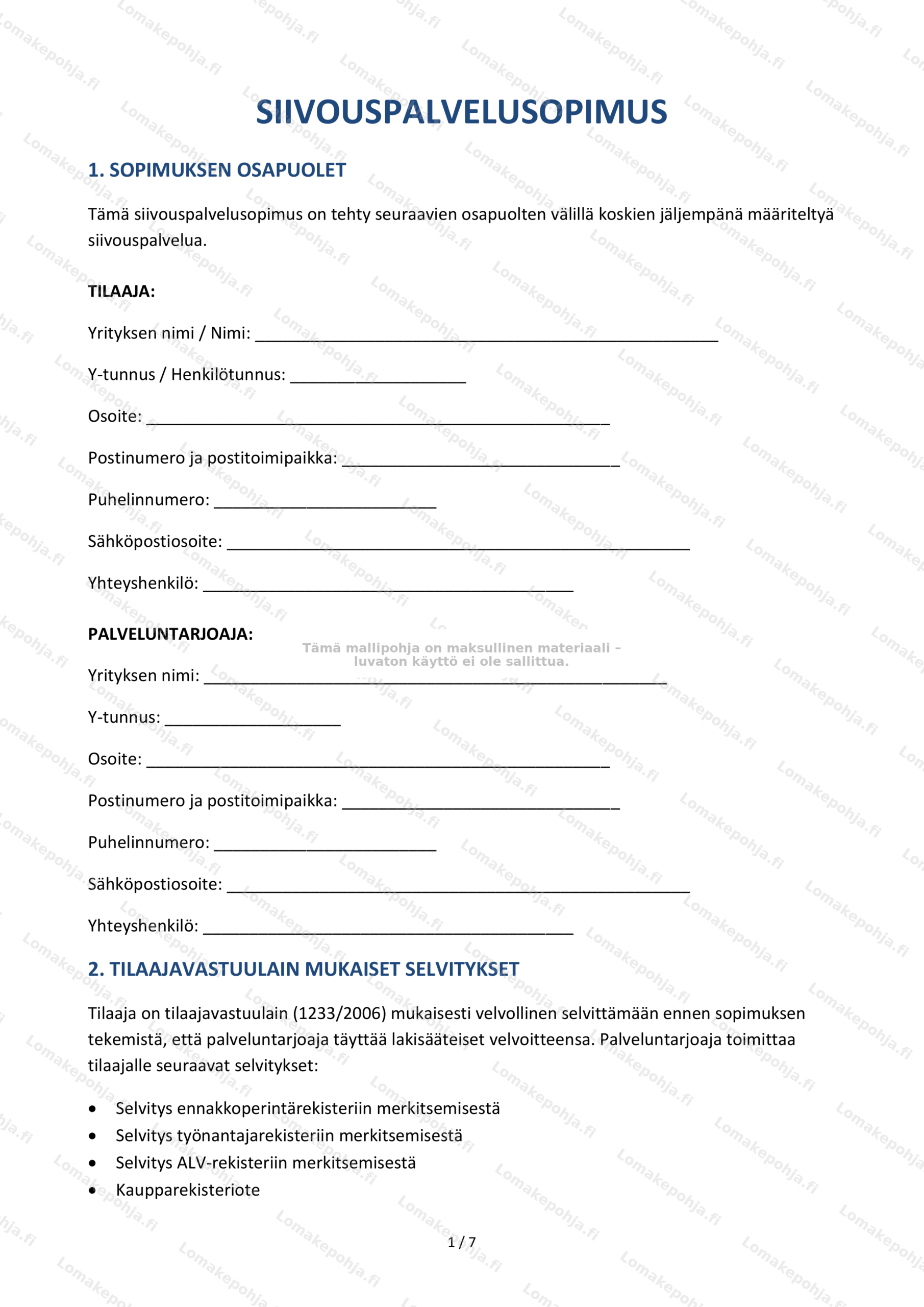 Siivouspalvelusopimus — Sopimusmalli