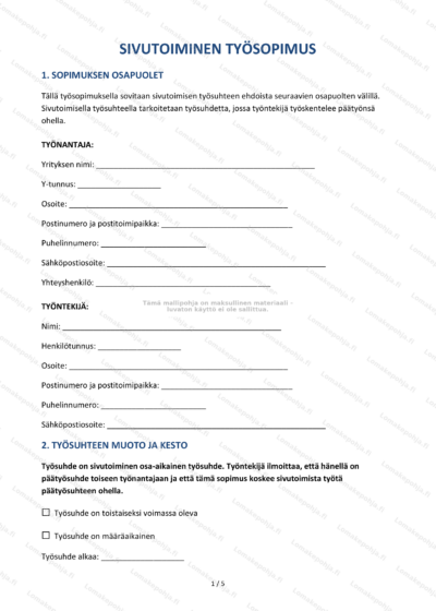 Sivutoimisen työsopimuksen ensimmäinen sivu skannattu dokumentti.