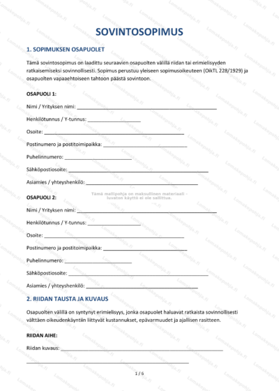 Ensimmäisen sivun sovintosopimus, tekstisisältöä ja allekirjoitusmerkintöjä.