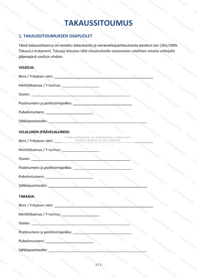 Takaussitoumusasiakirjan ensimmäinen sivu