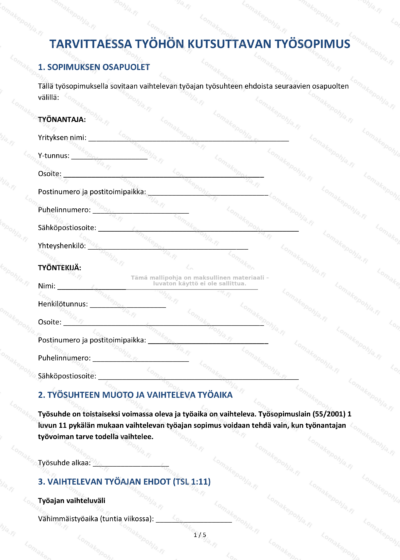 Suomenkielinen tarvittaessa töihin kutsuttavan työsopimuksen dokumentti, sivu 1