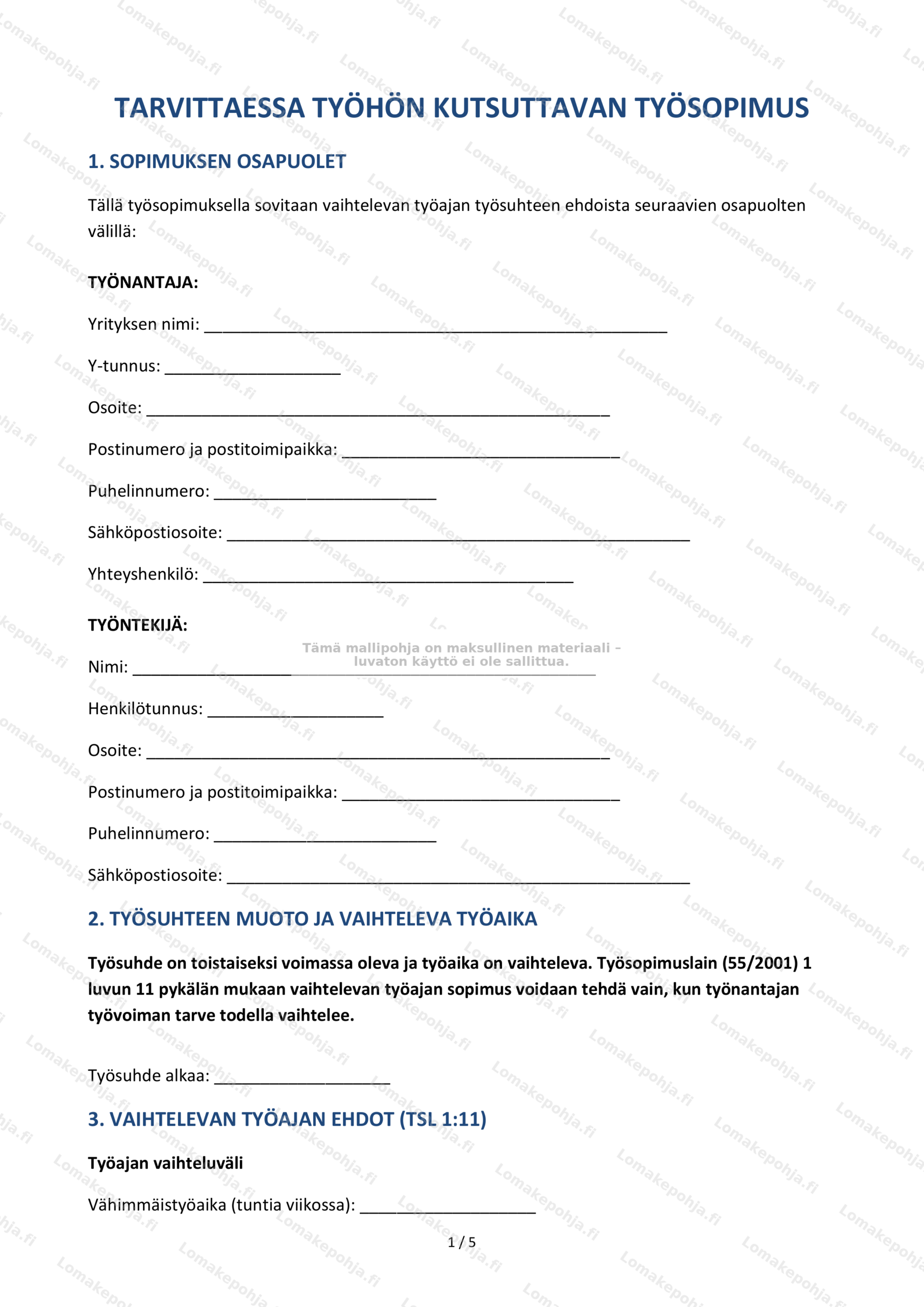 Tarvittaessa tyohon kutsuttavan tyosopimus