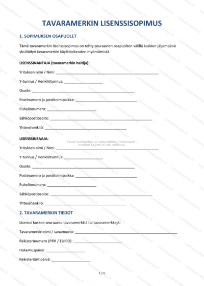 Tavaramerkin lisenssisopimuksen sivu 1, skaalattu versio, näkyy sopimustekstiä ja allekirjoituskohtia.