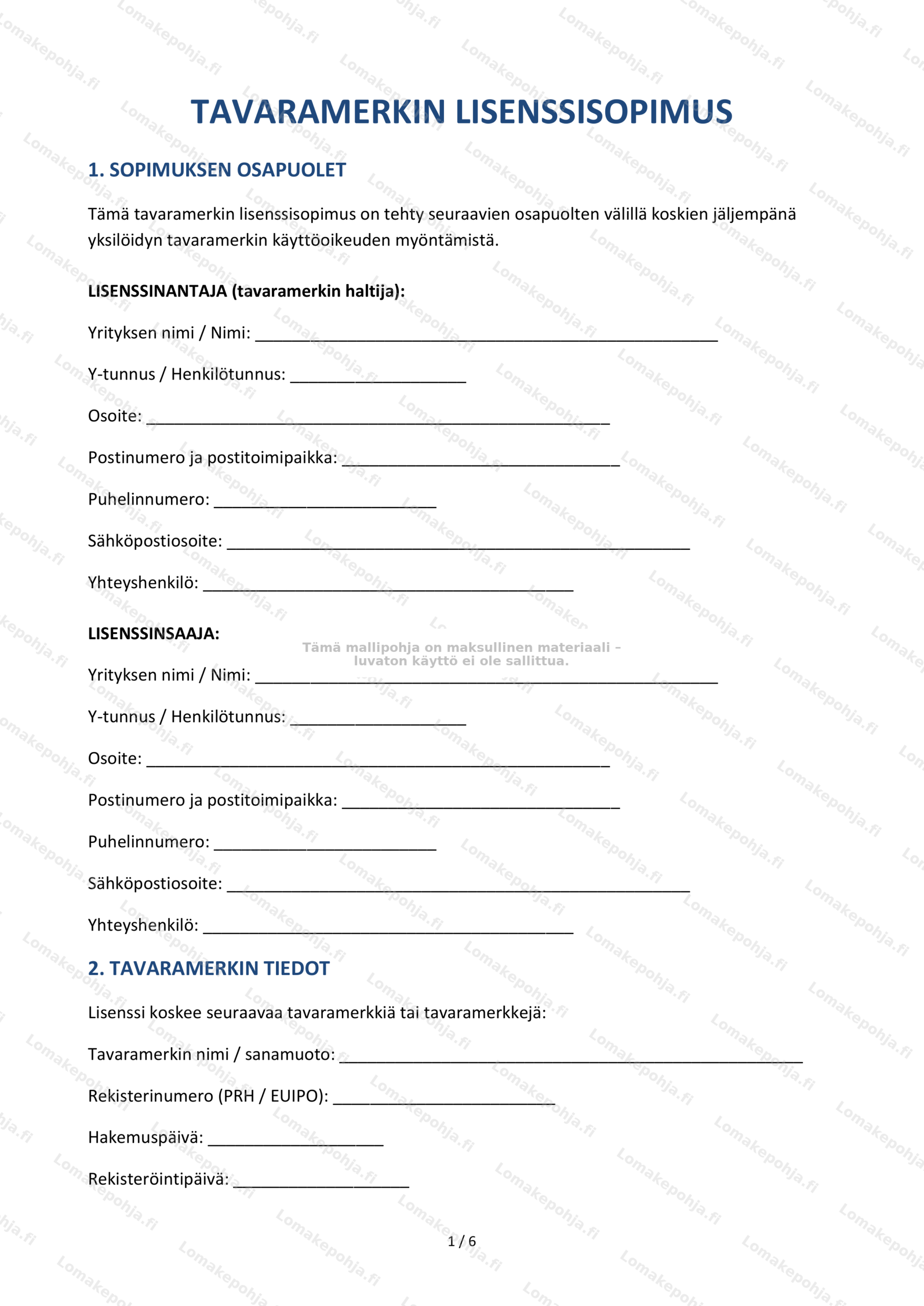 Tavaramerkin lisenssisopimus — Muokattava pohja