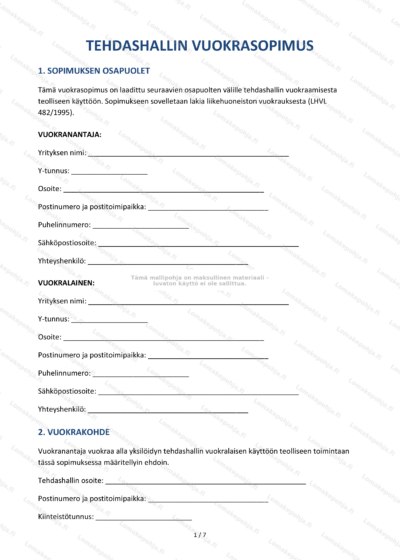 Tehdashallin vuokrasopimuksen ensimmäinen sivu, skaalattu kuva.