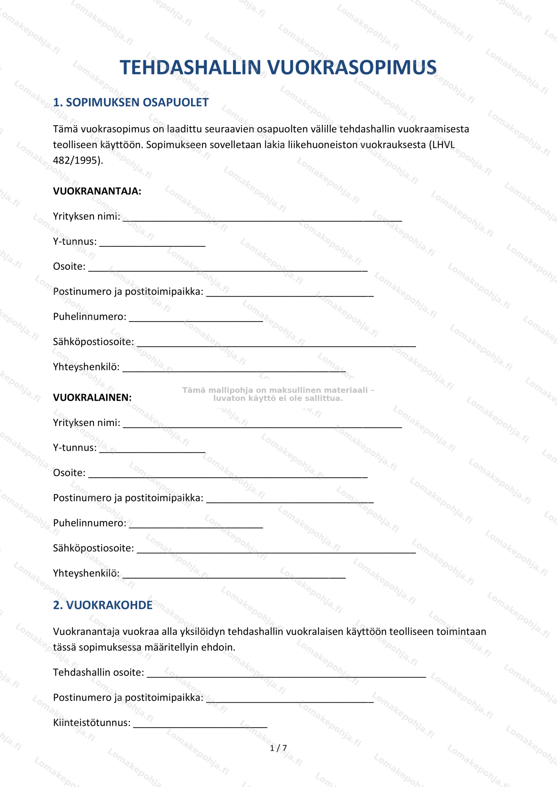Tehdashallin vuokrasopimus | Lomakepohja
