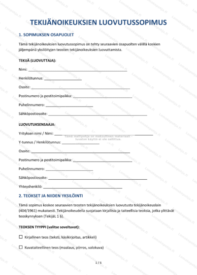 Tekijänoikeuksien luovutussopimuksen ensimmäinen sivu - virallinen sopimusasiakirja