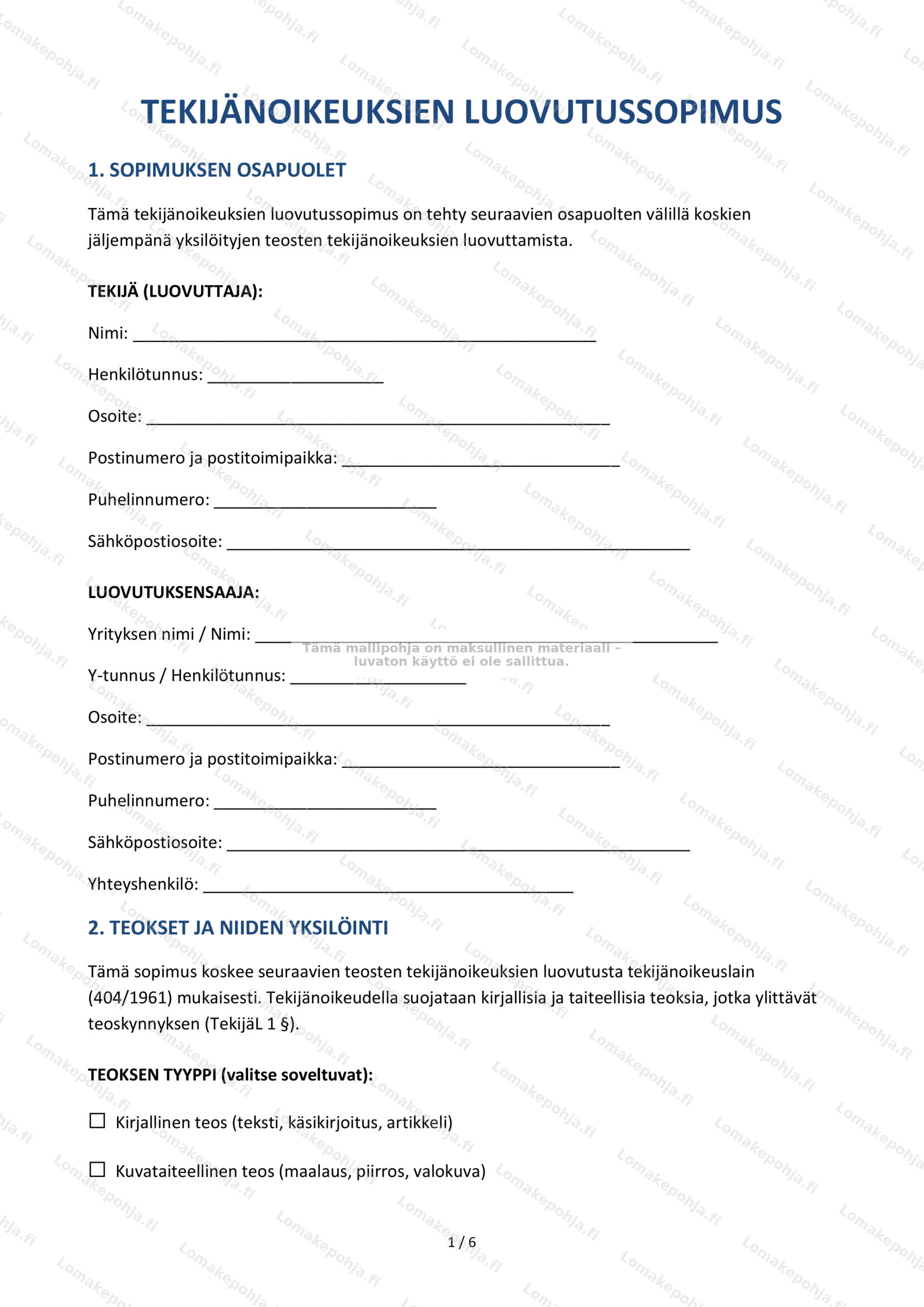 Tekijanoikeuksien luovutussopimus – Sopimusmalli