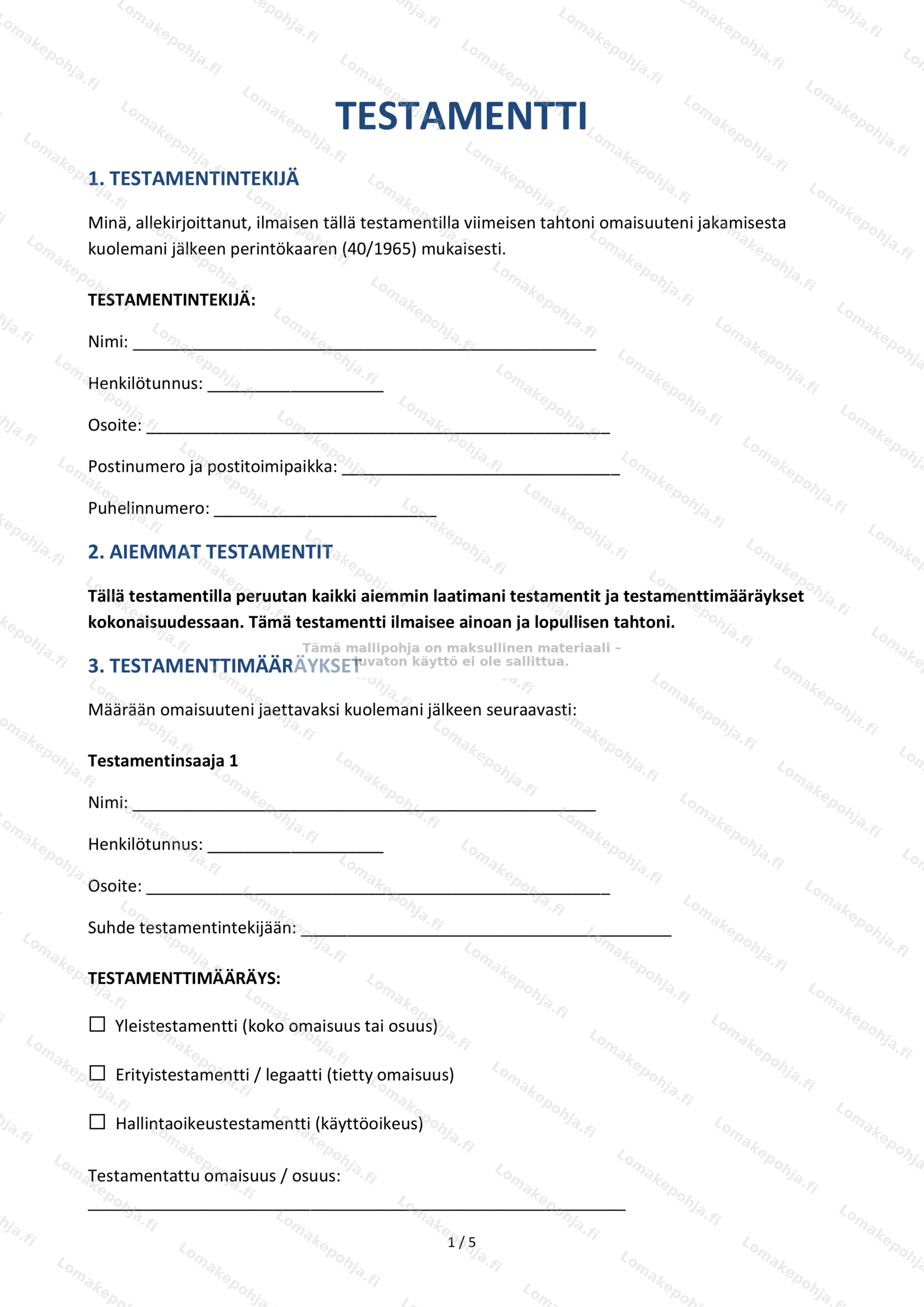 Testamentti | Ladattava mallipohja