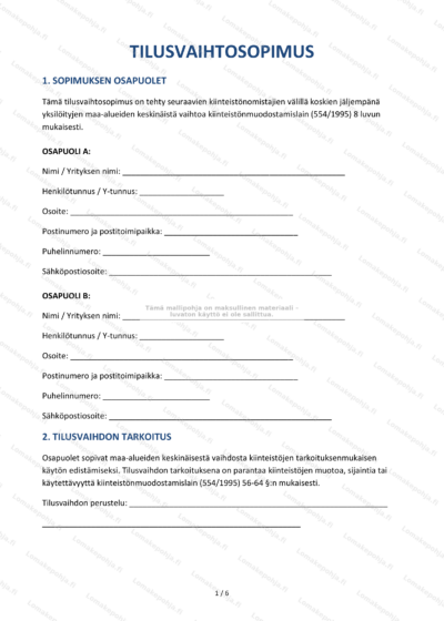 Tilusvaihtosopimus - sivu 1, skannattu asiakirjan ensimmäinen sivu.