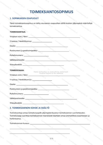 Toimeksiantosopimuksen ensimmäinen sivu, skaalattu versio.