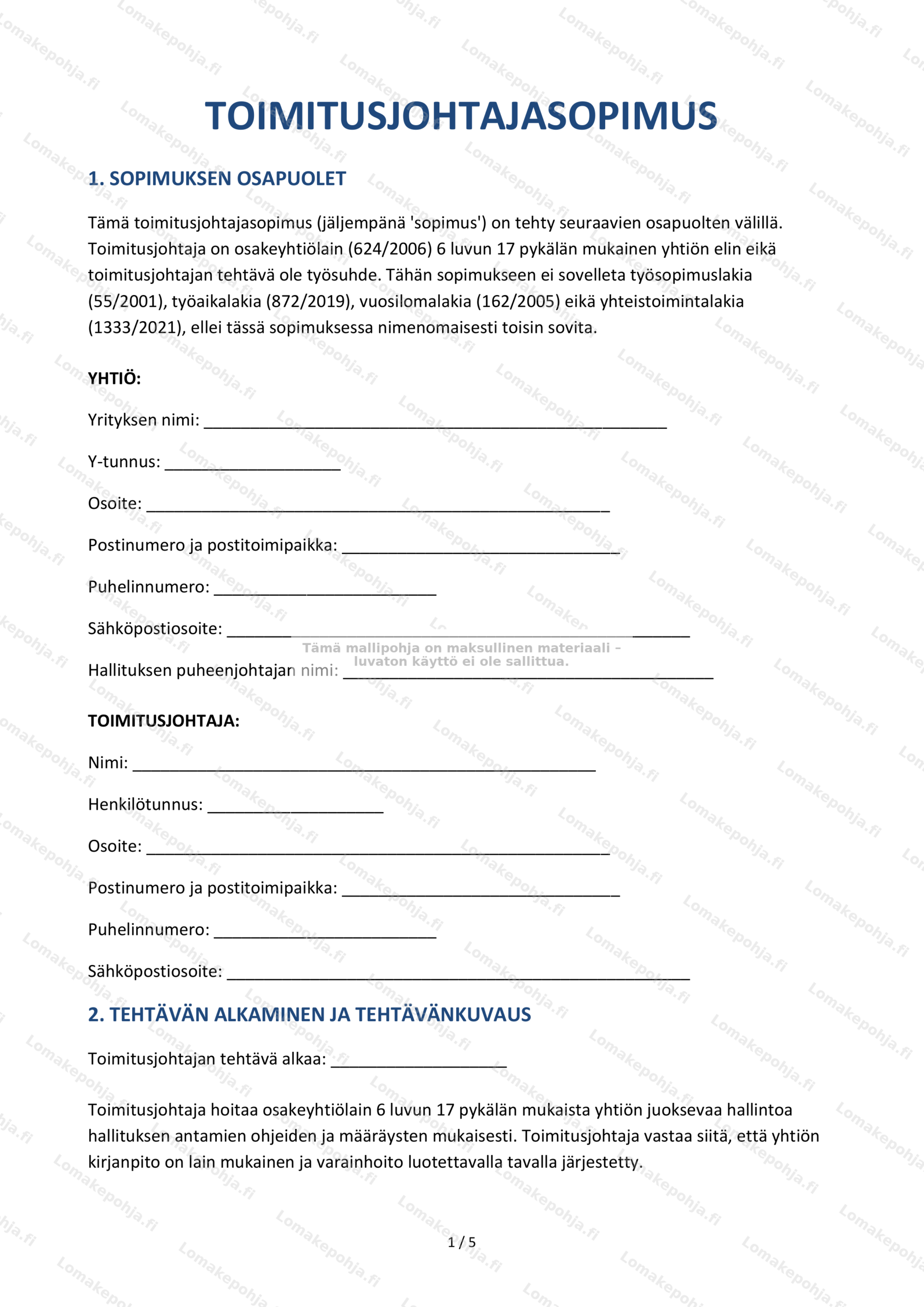 Toimitusjohtajasopimus – Mallipohja