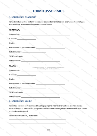 Toimitussopimus, ensimmäinen sivu skaalattu, sisältää sopimuksen tekstin.