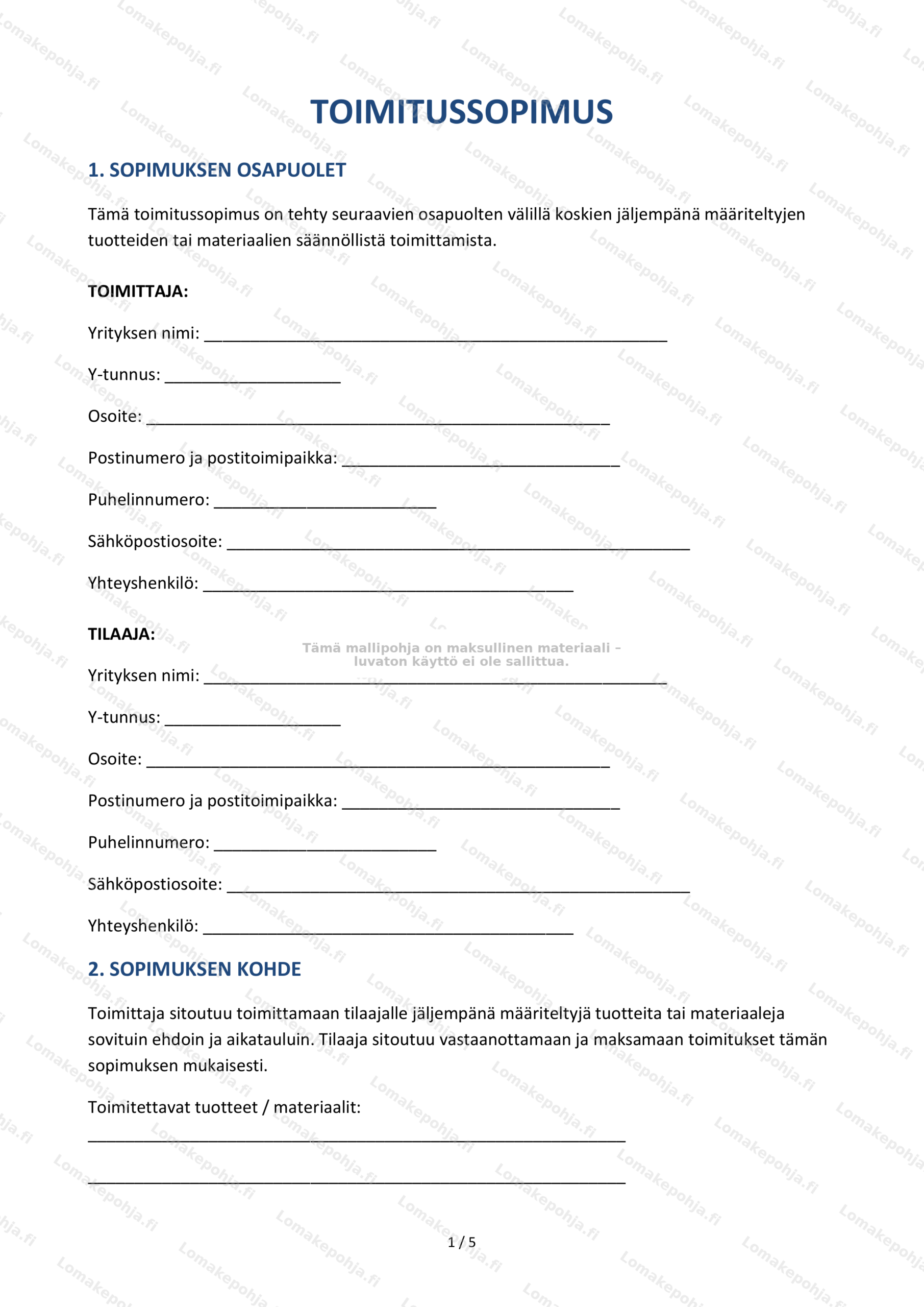 Toimitussopimus — Lomakepohja