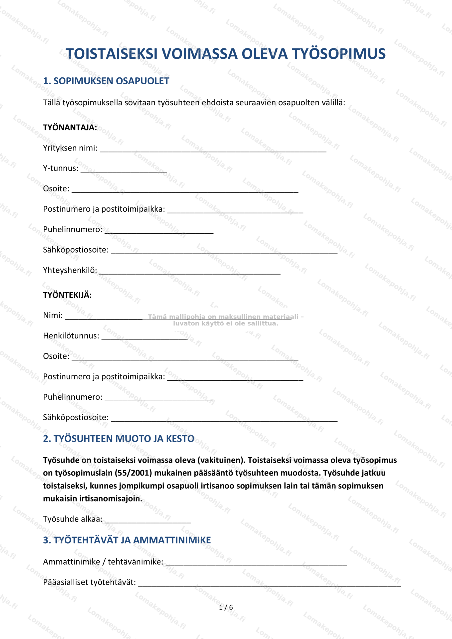 Toistaiseksi voimassa oleva työsopimus | Muokattava pohja