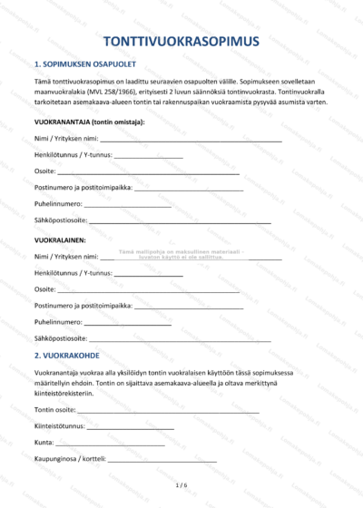 Tonttivuokrasopimuksen ensimmäinen sivu, skaalattu dokumentti.