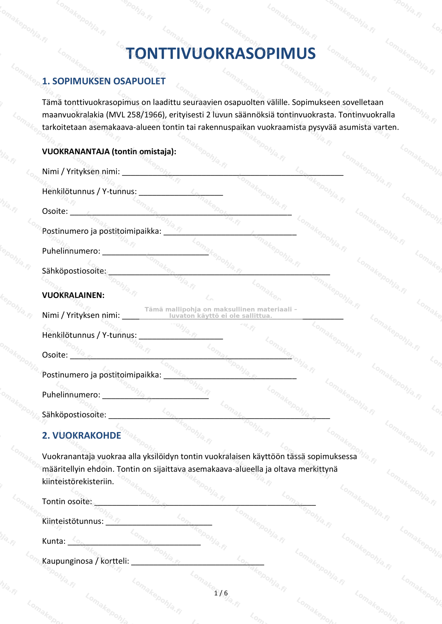 Tonttivuokrasopimus – Tulostettava mallipohja