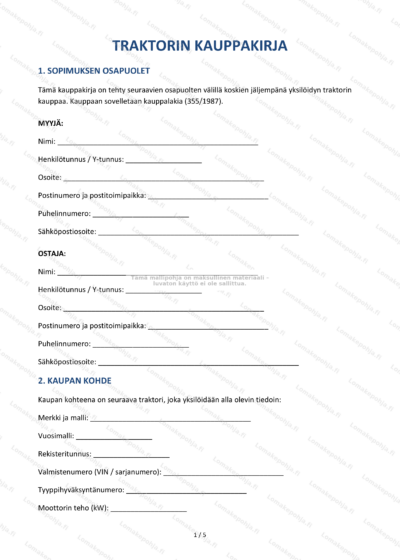 Traktorin kauppakirjan sivu 1, skaalattu kopio