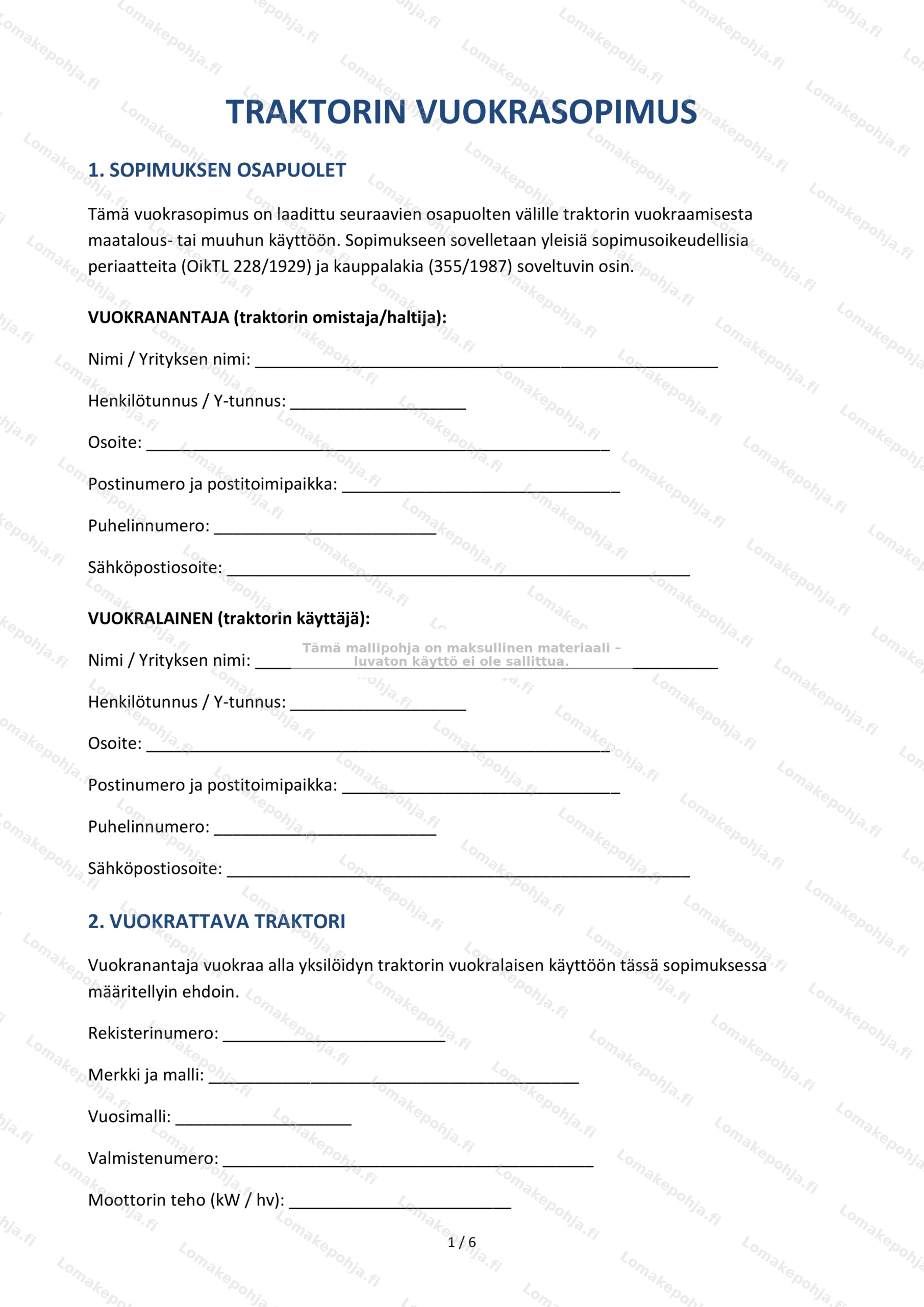 Traktorin vuokrasopimus — Sopimusmalli