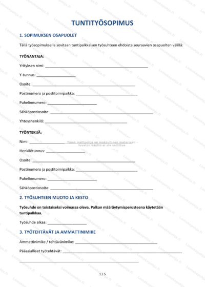 Tuntityösopimus-asiakirjan sivu 1, skaalausversio