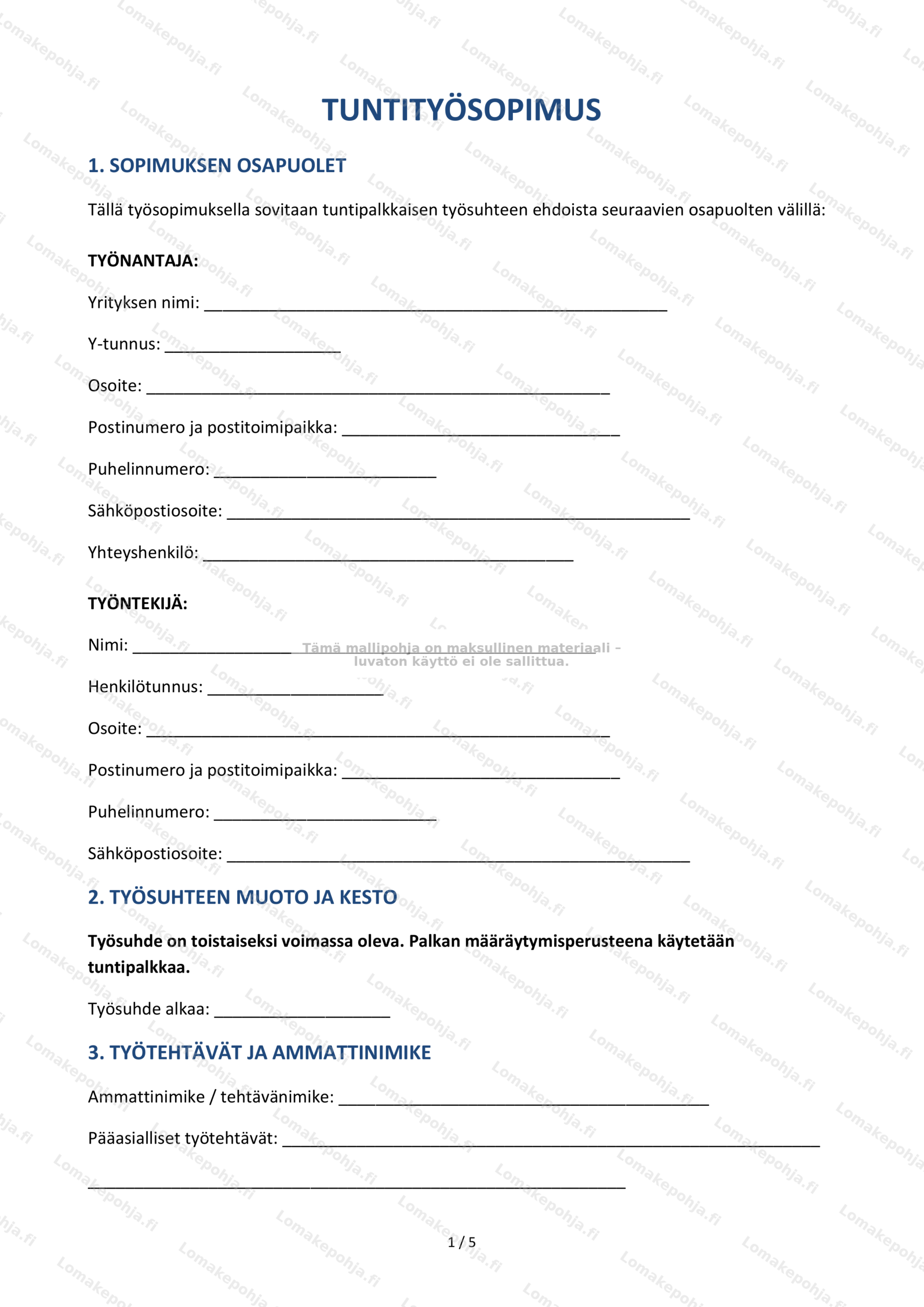 Tuntityösopimus | Lomakepohja