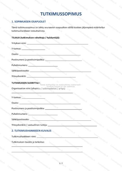 Tutkimussopimuksen ensimmäinen sivu, skaalattu kuva asiakirjasta.
