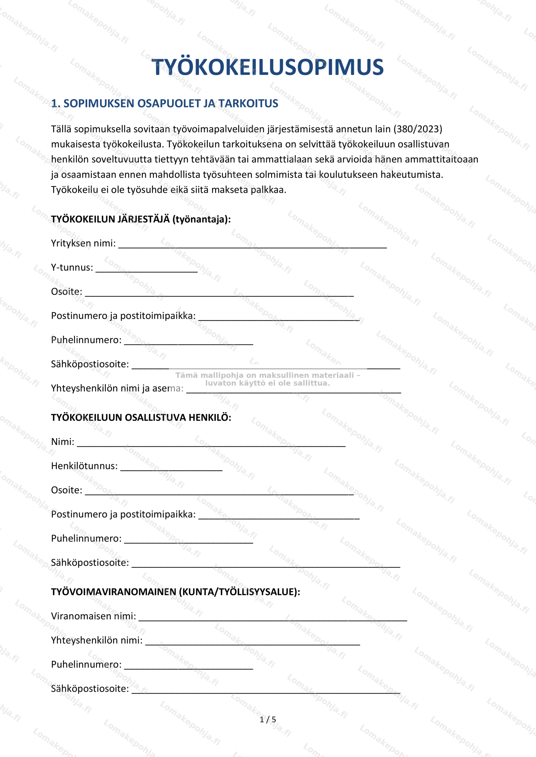 Työkokeilusopimus | Ladattava