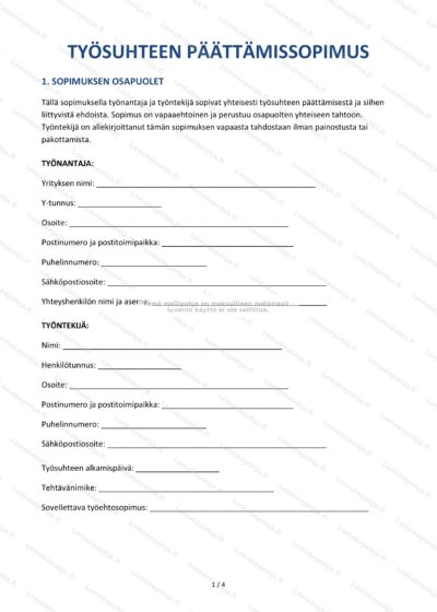 Työsuhteen päättämissopimus - sivu 1, skaalattu asiakirja