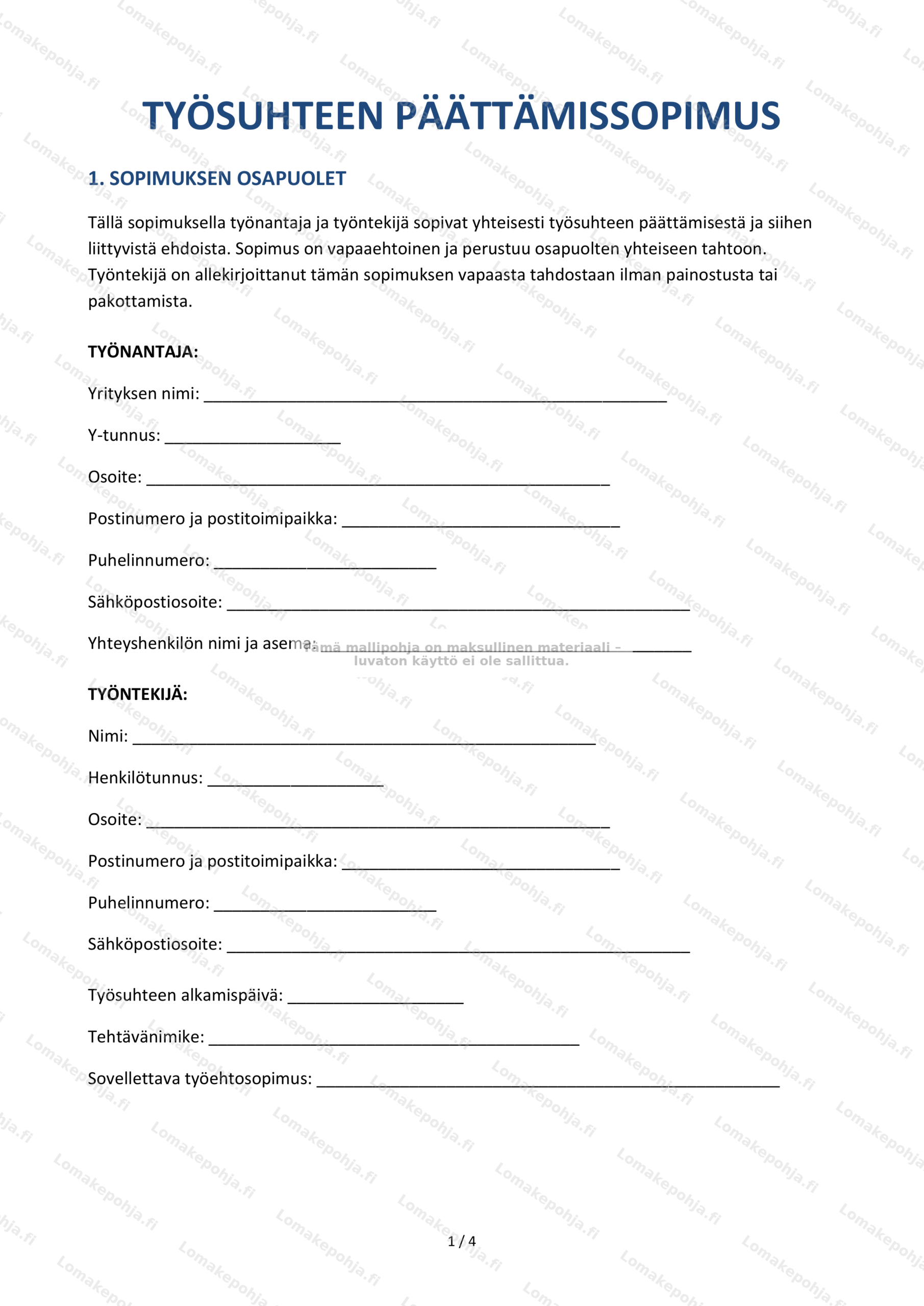 Työsuhteen päättämissopimus | Muokattava pohja