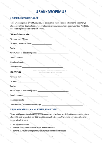 Urakkasopimuksen ensimmäinen sivu näkyvillä, tekstiä ja allekirjoitusalue.