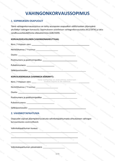 Vahingonkorvaussopimuksen ensimmäinen sivu (skaalattu versio)