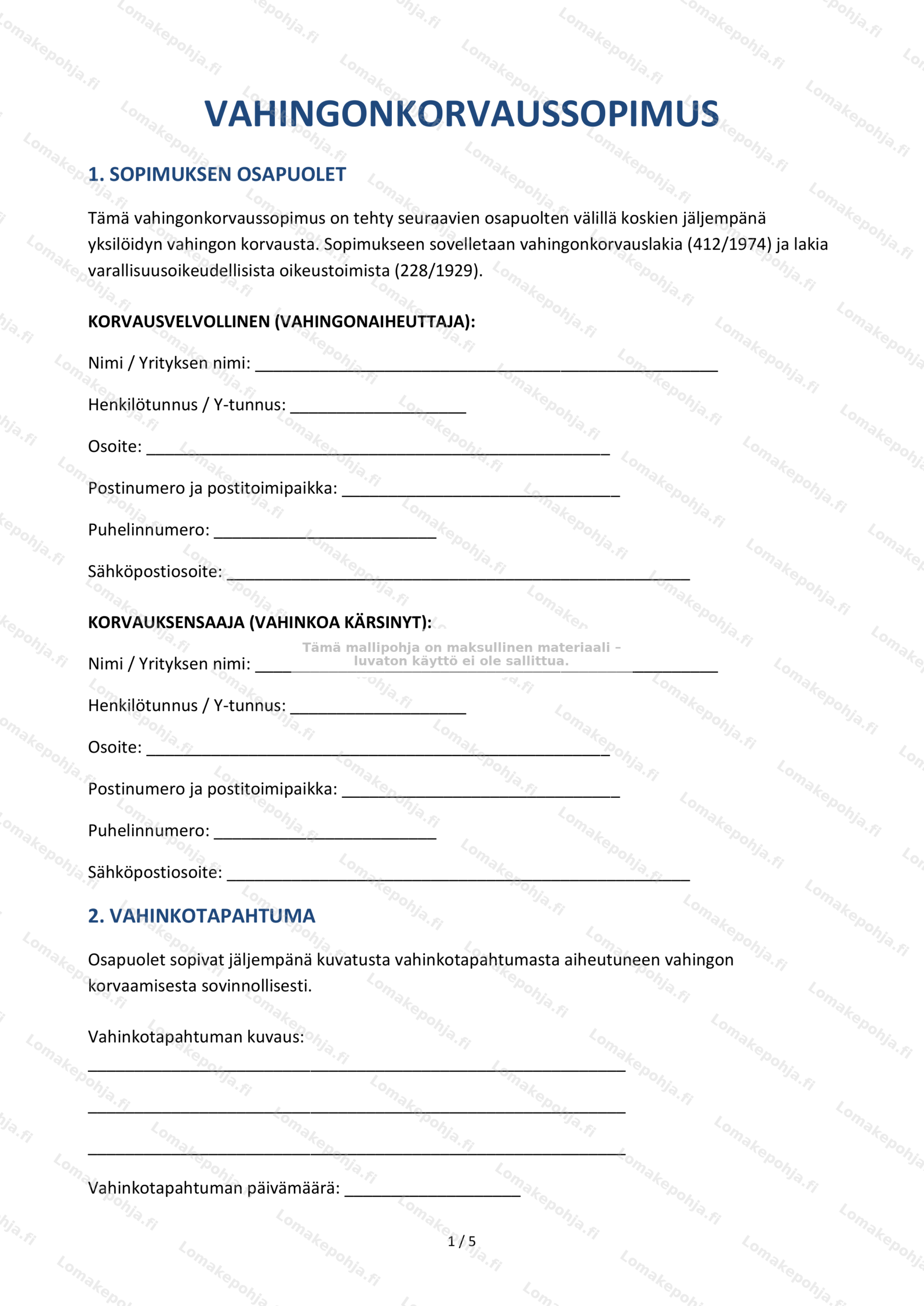 Vahingonkorvaussopimus | Sopimusmalli