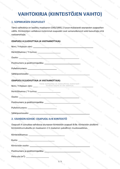 Skaalattu kuva vaihtokirjan ensimmäisestä sivusta.